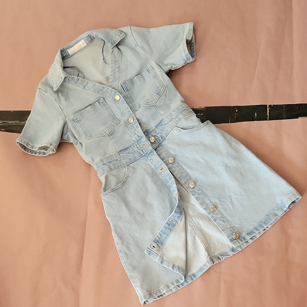Zara Pale Blue Denim Mini Dress with Button Front